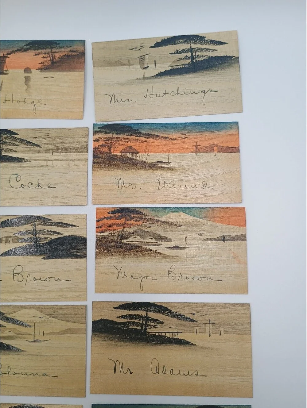 Set of 22 Vintage Japanese Wood Veneer Calling Cards with Names